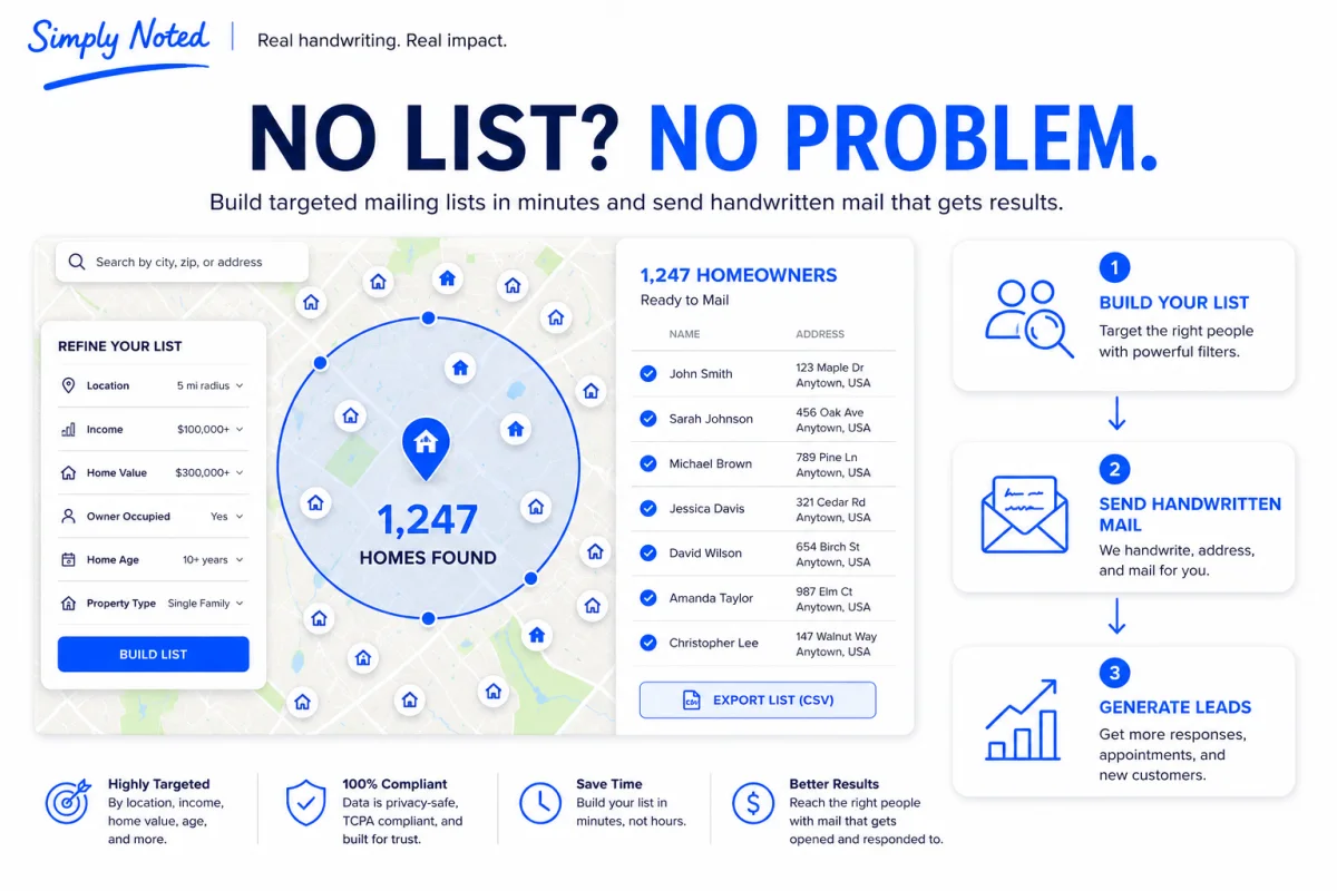 Build a targeted mailing list of households and send handwritten direct mail