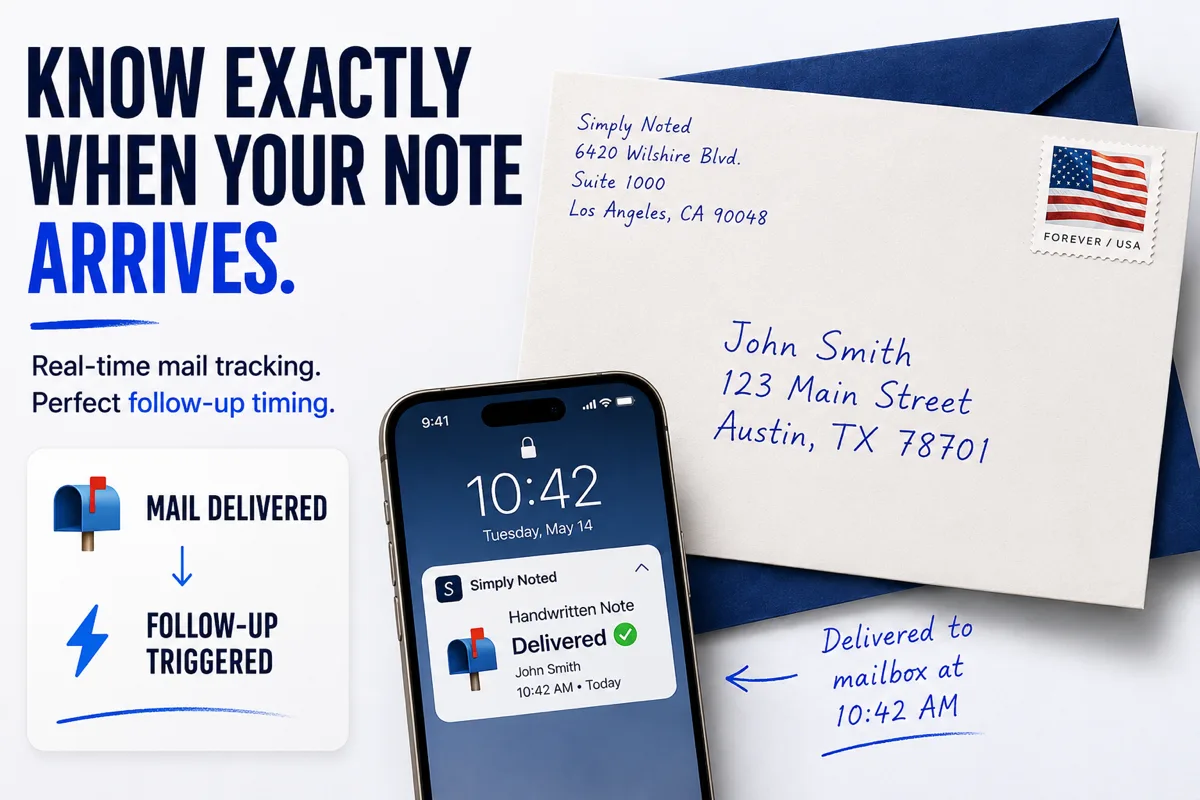 Handwritten note with USPS Intelligent Mail Barcode tracking